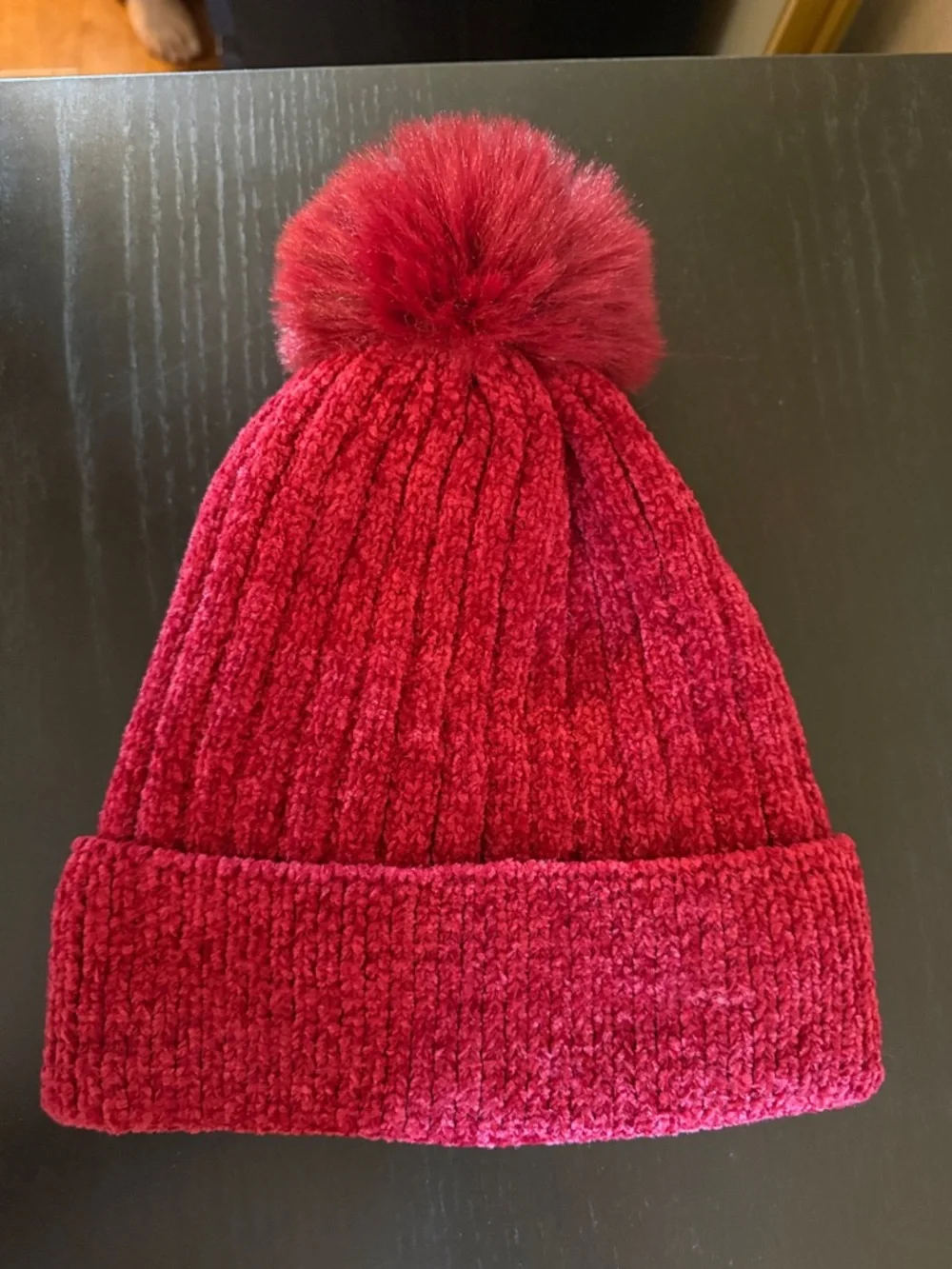 Cranberry Red Chenille Ribbed Knit Beanie Faux Fur Pom Pom Winter Hat OS